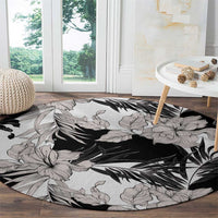 Black White Monotone Tropical Flowers Pattern Round Carpet - Polynesian Pride