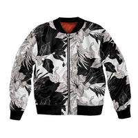 Black White Monotone Tropical Flowers Pattern Sleeve Zip Bomber Jacket - Polynesian Pride