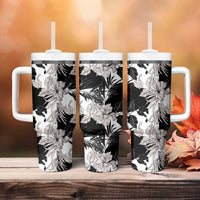 Black White Monotone Tropical Flowers Pattern Tumbler With Handle - Polynesian Pride
