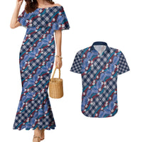 Polynesian Monstera Tiare Floral Couples Matching Mermaid Dress and Hawaiian Shirt Royal Blue Tropical Plaid LT01 Blue - Polynesian Pride