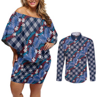 Polynesian Monstera Tiare Floral Couples Matching Off Shoulder Short Dress and Long Sleeve Button Shirt Royal Blue Tropical Plaid LT01 Blue - Polynesian Pride