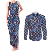 Polynesian Monstera Tiare Floral Couples Matching Tank Maxi Dress and Long Sleeve Button Shirt Royal Blue Tropical Plaid LT01 Blue - Polynesian Pride