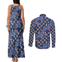 Polynesian Monstera Tiare Floral Couples Matching Tank Maxi Dress and Long Sleeve Button Shirt Royal Blue Tropical Plaid LT01 - Polynesian Pride