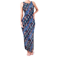 Polynesian Monstera Tiare Floral Family Matching Tank Maxi Dress and Hawaiian Shirt Royal Blue Tropical Plaid - Polynesian Pride