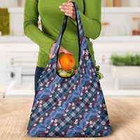 Polynesian Monstera Tiare Floral Grocery Bag Royal Blue Tropical Plaid LT01 - Polynesian Pride