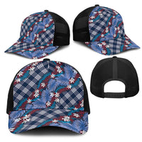 Polynesian Monstera Tiare Floral Mesh Trucker Cap Royal Blue Tropical Plaid - Polynesian Pride