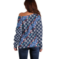 Polynesian Monstera Tiare Floral Off Shoulder Sweater Royal Blue Tropical Plaid LT01 - Polynesian Pride