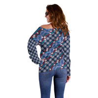 Polynesian Monstera Tiare Floral Off Shoulder Sweater Royal Blue Tropical Plaid LT01 - Polynesian Pride