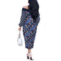 Polynesian Monstera Tiare Floral Off The Shoulder Long Sleeve Dress Royal Blue Tropical Plaid - Polynesian Pride