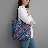 Polynesian Monstera Tiare Floral Tote Bag Royal Blue Tropical Plaid LT01 - Polynesian Pride