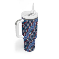 Polynesian Monstera Tiare Floral Tumbler With Handle Royal Blue Tropical Plaid LT01 - Polynesian Pride
