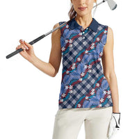 Polynesian Monstera Tiare Floral Women Sleeveless Polo Shirt Royal Blue Tropical Plaid - Polynesian Pride
