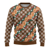 Polynesian Monstera Tiare Floral Ugly Christmas Sweater Chocolate Brown Tropical Plaid LT01 - Polynesian Pride
