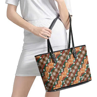 Polynesian Monstera Tiare Floral Leather Tote Bag Chocolate Brown Tropical Plaid - Polynesian Pride