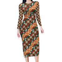 Polynesian Monstera Tiare Floral Long Sleeve Bodycon Dress Chocolate Brown Tropical Plaid LT01 Long Dress Brown - Polynesian Pride