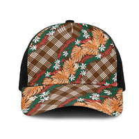 Polynesian Monstera Tiare Floral Mesh Trucker Cap Chocolate Brown Tropical Plaid - Polynesian Pride