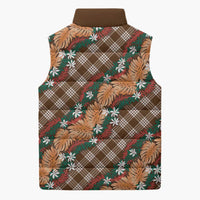 Polynesian Monstera Tiare Floral Sleeveless Puffer Jacket Chocolate Brown Tropical Plaid LT01 - Polynesian Pride