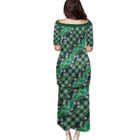 Polynesian Monstera Tiare Floral Family Matching Puletasi and Hawaiian Shirt Forest Green Tropical Plaid - Polynesian Pride