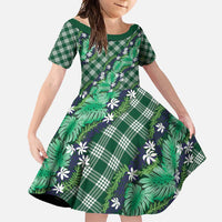 Polynesian Monstera Tiare Floral Family Matching Short Sleeve Bodycon Dress and Hawaiian Shirt Forest Green Tropical Plaid - Polynesian Pride