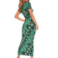 Polynesian Monstera Tiare Floral Family Matching Short Sleeve Bodycon Dress and Hawaiian Shirt Forest Green Tropical Plaid - Polynesian Pride