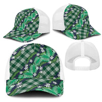 Polynesian Monstera Tiare Floral Mesh Trucker Cap Forest Green Tropical Plaid - Polynesian Pride