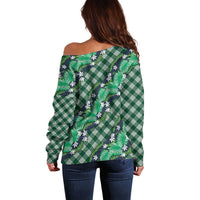 Polynesian Monstera Tiare Floral Off Shoulder Sweater Forest Green Tropical Plaid LT01 - Polynesian Pride