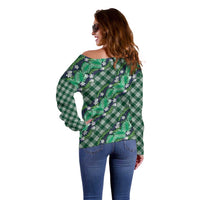 Polynesian Monstera Tiare Floral Off Shoulder Sweater Forest Green Tropical Plaid LT01 - Polynesian Pride