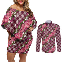 Polynesian Monstera Tiare Floral Couples Matching Off Shoulder Short Dress and Long Sleeve Button Shirt Fuchsia Tropical Plaid LT01 Pink - Polynesian Pride