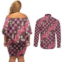 Polynesian Monstera Tiare Floral Couples Matching Off Shoulder Short Dress and Long Sleeve Button Shirt Fuchsia Tropical Plaid LT01 - Polynesian Pride