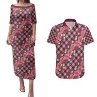 Polynesian Monstera Tiare Floral Couples Matching Puletasi and Hawaiian Shirt Fuchsia Tropical Plaid - Polynesian Pride