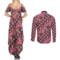 Polynesian Monstera Tiare Floral Couples Matching Summer Maxi Dress and Long Sleeve Button Shirt Fuchsia Tropical Plaid LT01 - Polynesian Pride