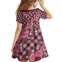 Polynesian Monstera Tiare Floral Family Matching Short Sleeve Bodycon Dress and Hawaiian Shirt Fuchsia Tropical Plaid - Polynesian Pride