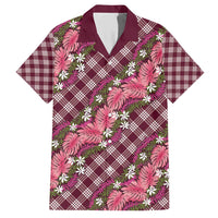 Polynesian Monstera Tiare Floral Family Matching Short Sleeve Bodycon Dress and Hawaiian Shirt Fuchsia Tropical Plaid - Polynesian Pride