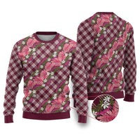 Polynesian Monstera Tiare Floral Ugly Christmas Sweater Fuchsia Tropical Plaid LT01 Pink - Polynesian Pride