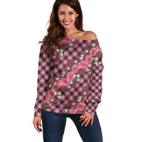 Polynesian Monstera Tiare Floral Off Shoulder Sweater Fuchsia Tropical Plaid LT01 Women Pink - Polynesian Pride