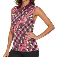 Polynesian Monstera Tiare Floral Women Sleeveless Polo Shirt Fuchsia Tropical Plaid LT01 - Polynesian Pride