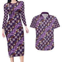 Polynesian Monstera Tiare Floral Couples Matching Long Sleeve Bodycon Dress and Hawaiian Shirt Lavender Tropical Plaid - Polynesian Pride