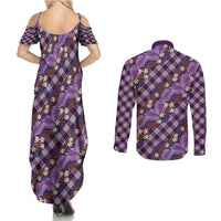Polynesian Monstera Tiare Floral Couples Matching Summer Maxi Dress and Long Sleeve Button Shirt Lavender Tropical Plaid LT01 - Polynesian Pride