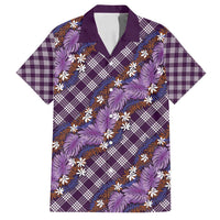 Polynesian Monstera Tiare Floral Family Matching Off Shoulder Short Dress and Hawaiian Shirt Lavender Tropical Plaid - Polynesian Pride