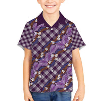 Polynesian Monstera Tiare Floral Family Matching Off Shoulder Short Dress and Hawaiian Shirt Lavender Tropical Plaid - Polynesian Pride