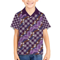 Polynesian Monstera Tiare Floral Family Matching Short Sleeve Bodycon Dress and Hawaiian Shirt Lavender Tropical Plaid - Polynesian Pride
