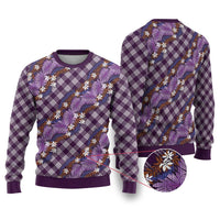 Polynesian Monstera Tiare Floral Ugly Christmas Sweater Lavender Tropical Plaid LT01 Purple - Polynesian Pride