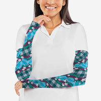 Polynesian Monstera Tiare Floral Arm Sleeves Dark Teal Tropical Plaid - Polynesian Pride