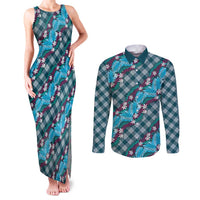 Polynesian Monstera Tiare Floral Couples Matching Tank Maxi Dress and Long Sleeve Button Shirt Dark Teal Tropical Plaid LT01 Teal - Polynesian Pride