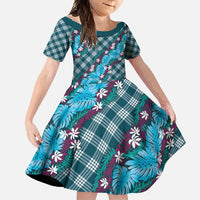 Polynesian Monstera Tiare Floral Family Matching Off Shoulder Maxi Dress and Hawaiian Shirt Dark Teal Tropical Plaid - Polynesian Pride