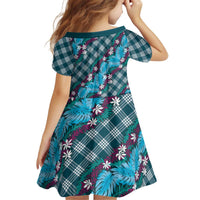 Polynesian Monstera Tiare Floral Kid Short Sleeve Dress Dark Teal Tropical Plaid - Polynesian Pride