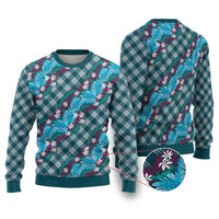 Polynesian Monstera Tiare Floral Ugly Christmas Sweater Dark Teal Tropical Plaid LT01 Teal - Polynesian Pride