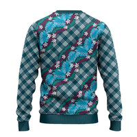 Polynesian Monstera Tiare Floral Ugly Christmas Sweater Dark Teal Tropical Plaid LT01 - Polynesian Pride