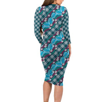 Polynesian Monstera Tiare Floral Long Sleeve Bodycon Dress Dark Teal Tropical Plaid LT01 - Polynesian Pride