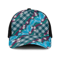 Polynesian Monstera Tiare Floral Mesh Trucker Cap Dark Teal Tropical Plaid - Polynesian Pride